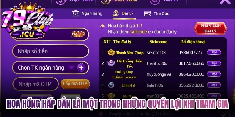 Hoa hồng hấp dẫn là một trong những quyền lợi khi tham gia đại lý 79club