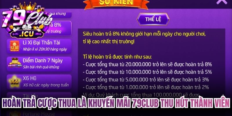 Khuyến Mãi 79club - Tổng Hợp Ưu Đãi Hot Nhất 2026 1 Hoàn trả cược thua là khuyến mãi 79club thu hút đông đảo thành viên